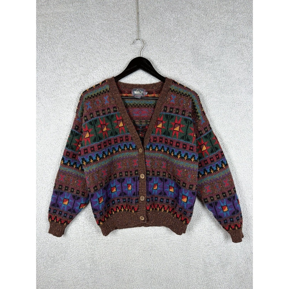 Vintage Woolrich Womens M 100% Wool Cardigan Southwestern Aztec Knit Sweater
